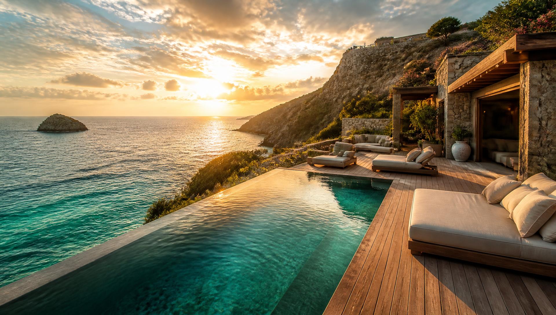 Cliffside infinity pool overlooking the ocean at sunset